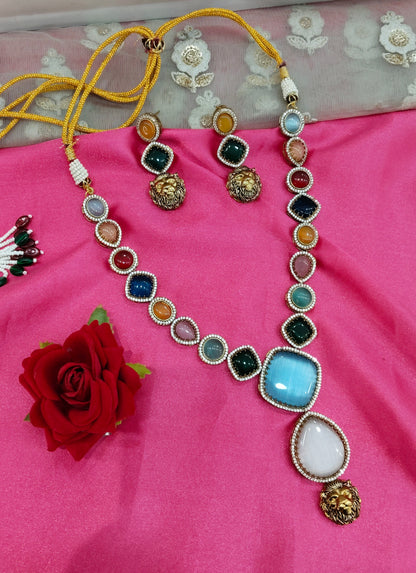 Multi Color Moissanite Kundan Necklace Jewellery Sweety Set