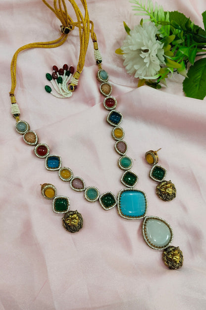 Multi Color Moissanite Kundan Necklace Jewellery Sweety Set