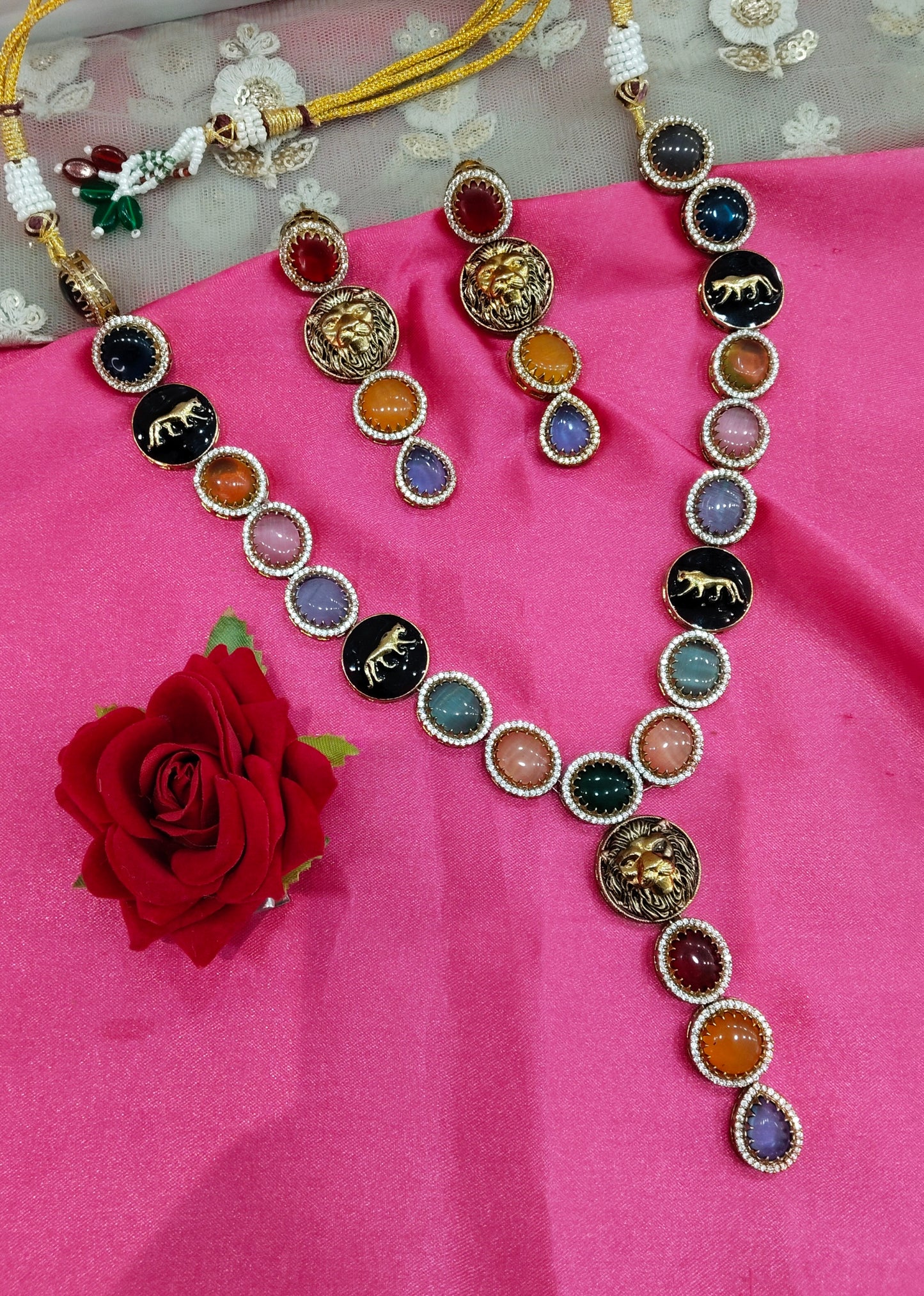 Multi Color Moissanite Kundan Necklace Jewellery Sweety Set