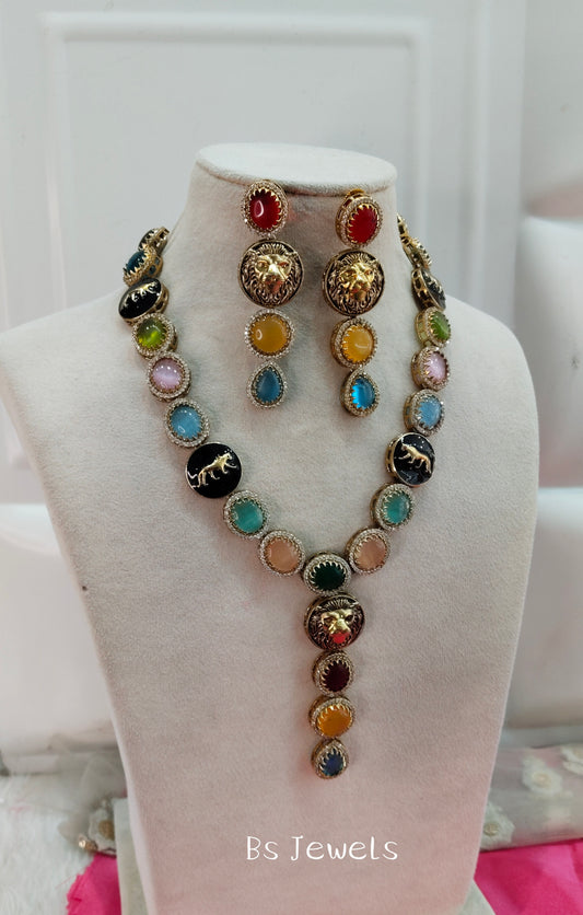 Multi Color Moissanite Kundan Necklace Jewellery Sweety Set