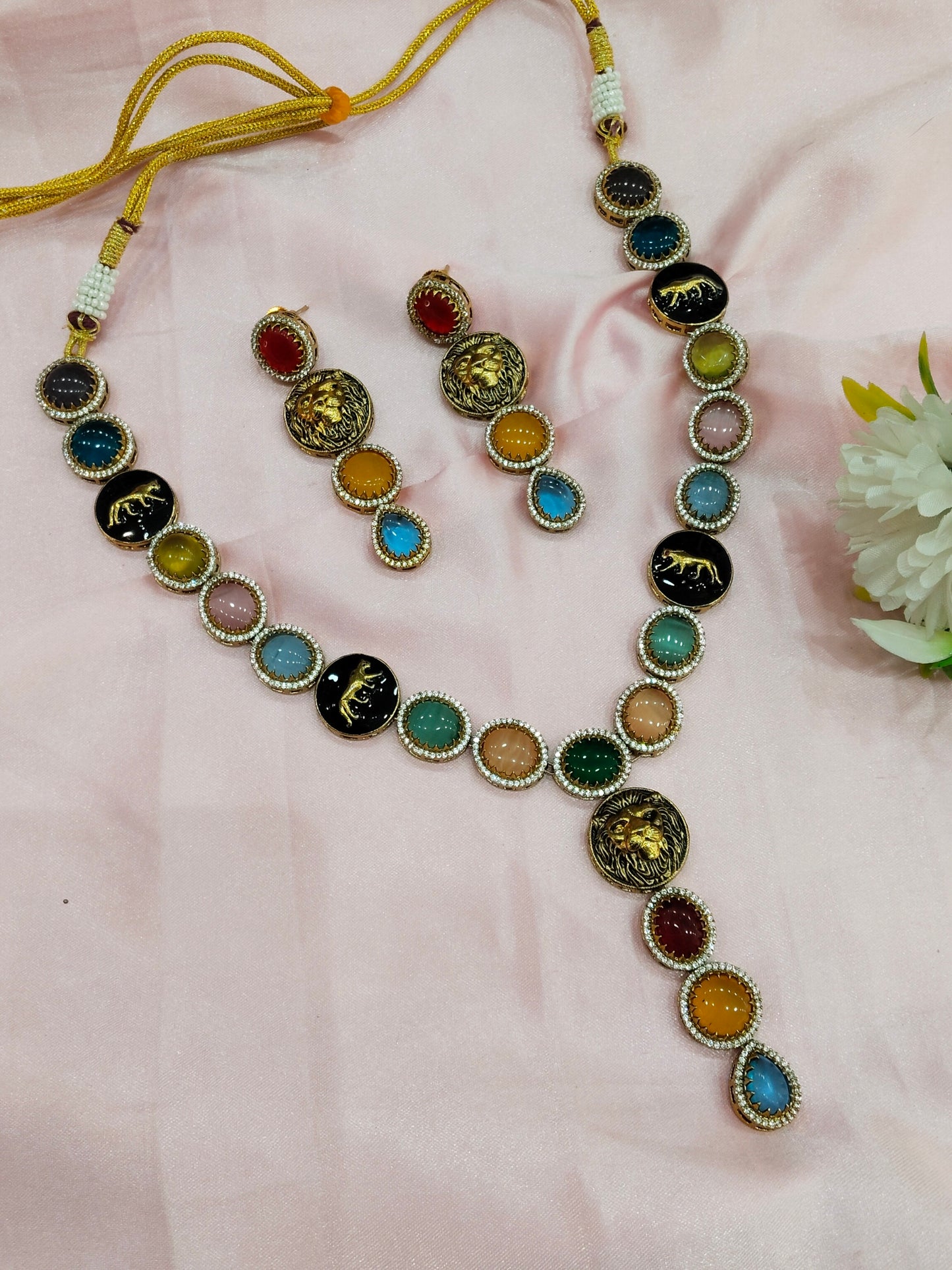 Multi Color Moissanite Kundan Necklace Jewellery Sweety Set