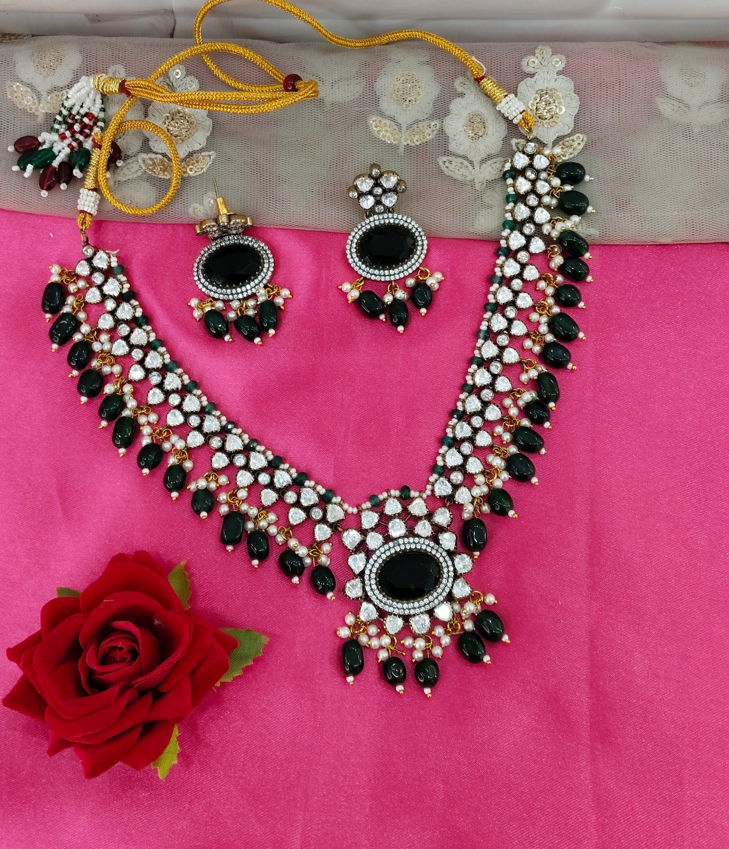 Green Moissanite Kundan Necklace Jewellery Maya Set