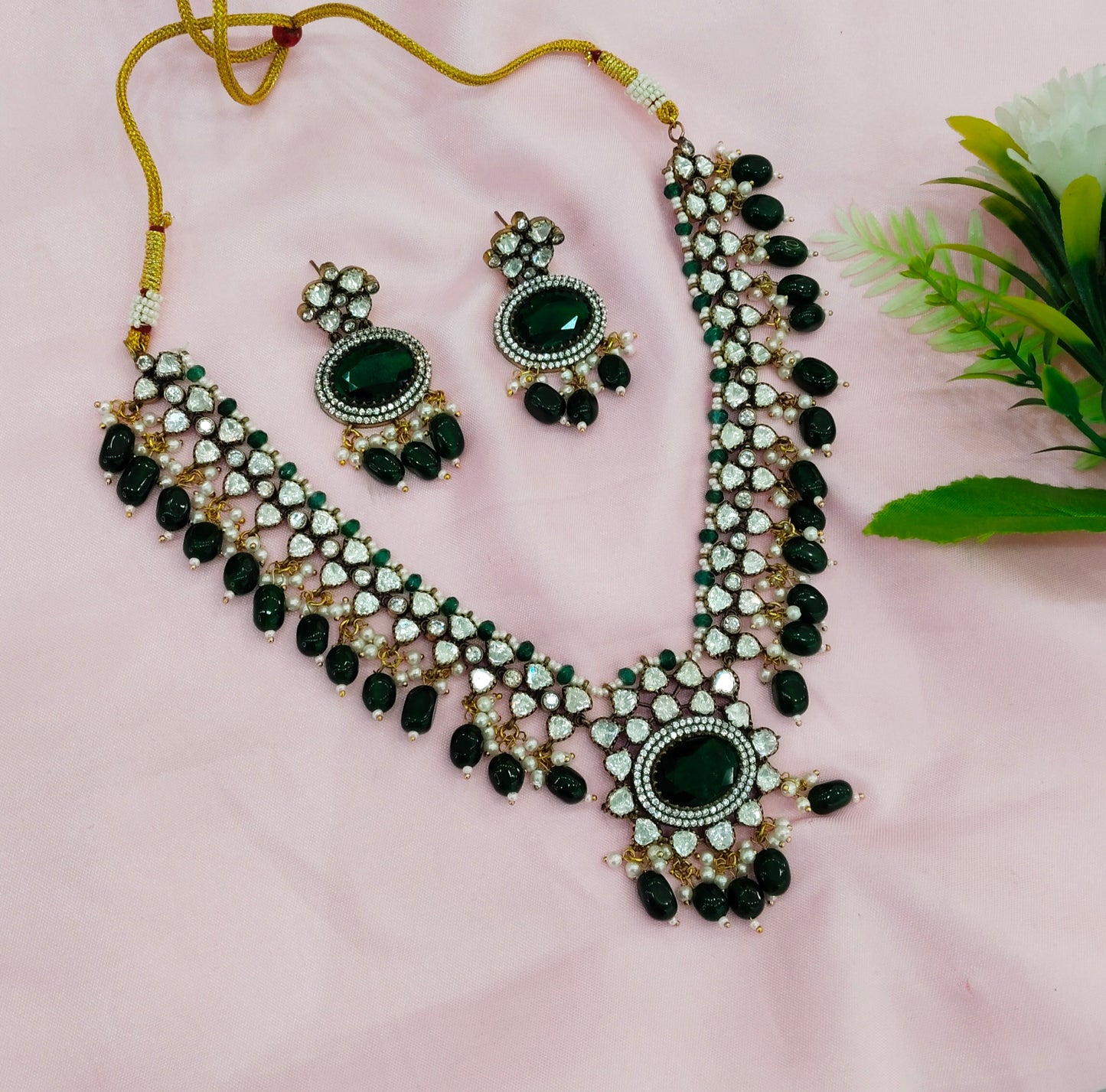 Green Moissanite Kundan Necklace Jewellery Maya Set