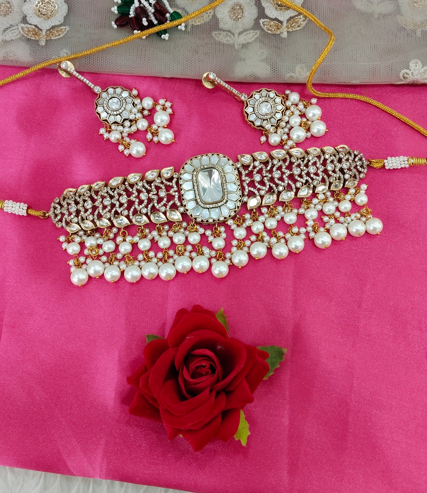 Antique White Moissanite Kundan Mother Of Pearl Choker Jewellery Maya Set