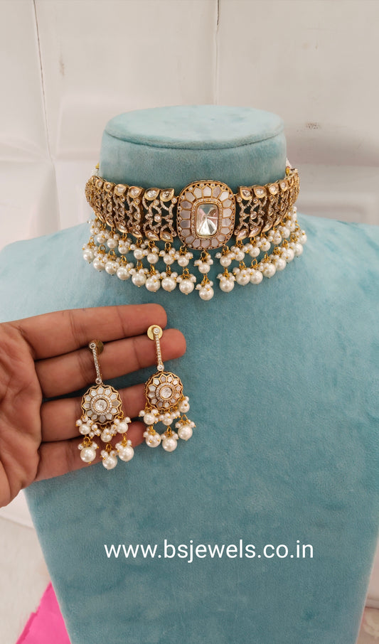 Antique White Moissanite Kundan Mother Of Pearl Choker Jewellery Maya Set