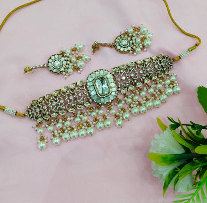 Antique White Moissanite Kundan Mother Of Pearl Choker Jewellery Maya Set