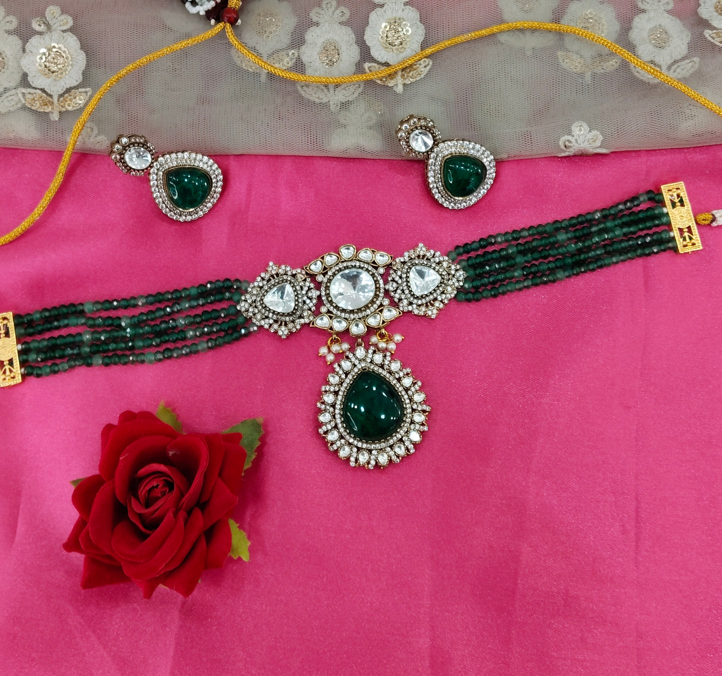 Green Moissanite Kundan Choker Jewellery Maya Set