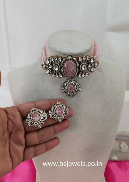 Pink Moissanite Kundan Choker Jewellery Sunita Set