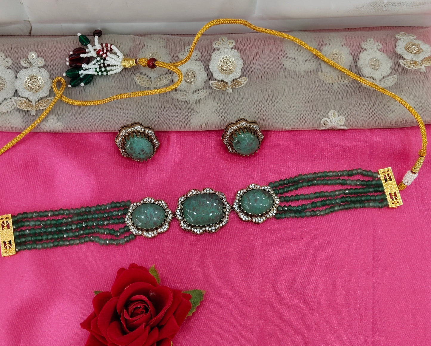 Sage Green Moissanite Kundan Choker Jewellery Sunita Set