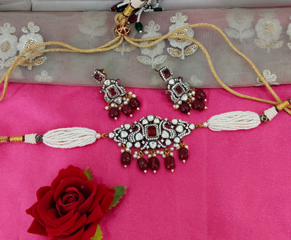 Maroon Moissanite Kundan Choker Jewellery Sunita Set