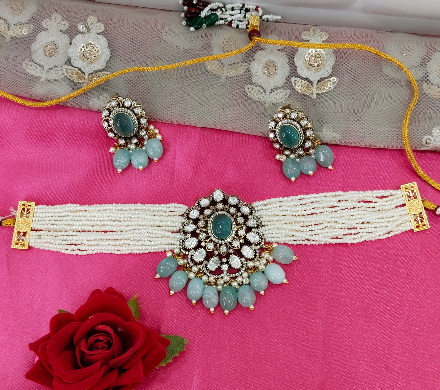 Sage Green Moissanite Kundan Choker Jewellery Sunita Set