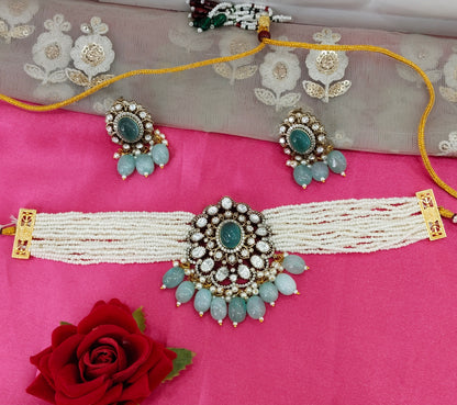 Sage Green Moissanite Kundan Choker Jewellery Sunita Set