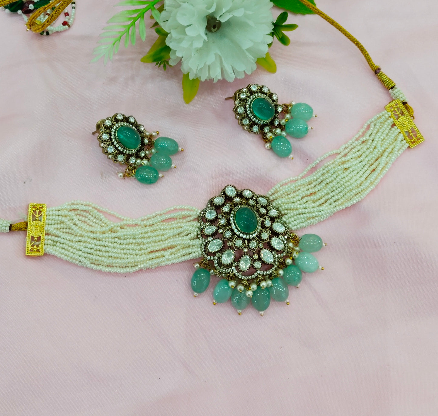 Sage Green Moissanite Kundan Choker Jewellery Sunita Set