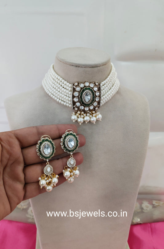 Green White Moissanite Kundan Choker Jewellery Sunita Set