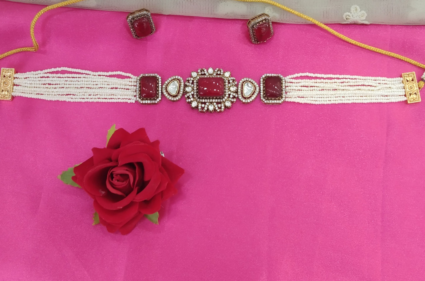 Maroon Moissanite Kundan Victorian Choker Jewellery Sunita Set