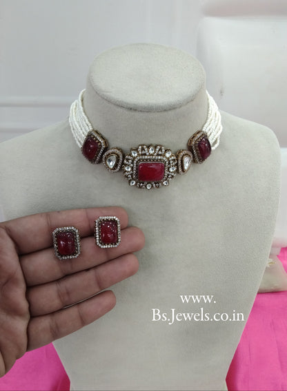 Maroon Moissanite Kundan Victorian Choker Jewellery Sunita Set