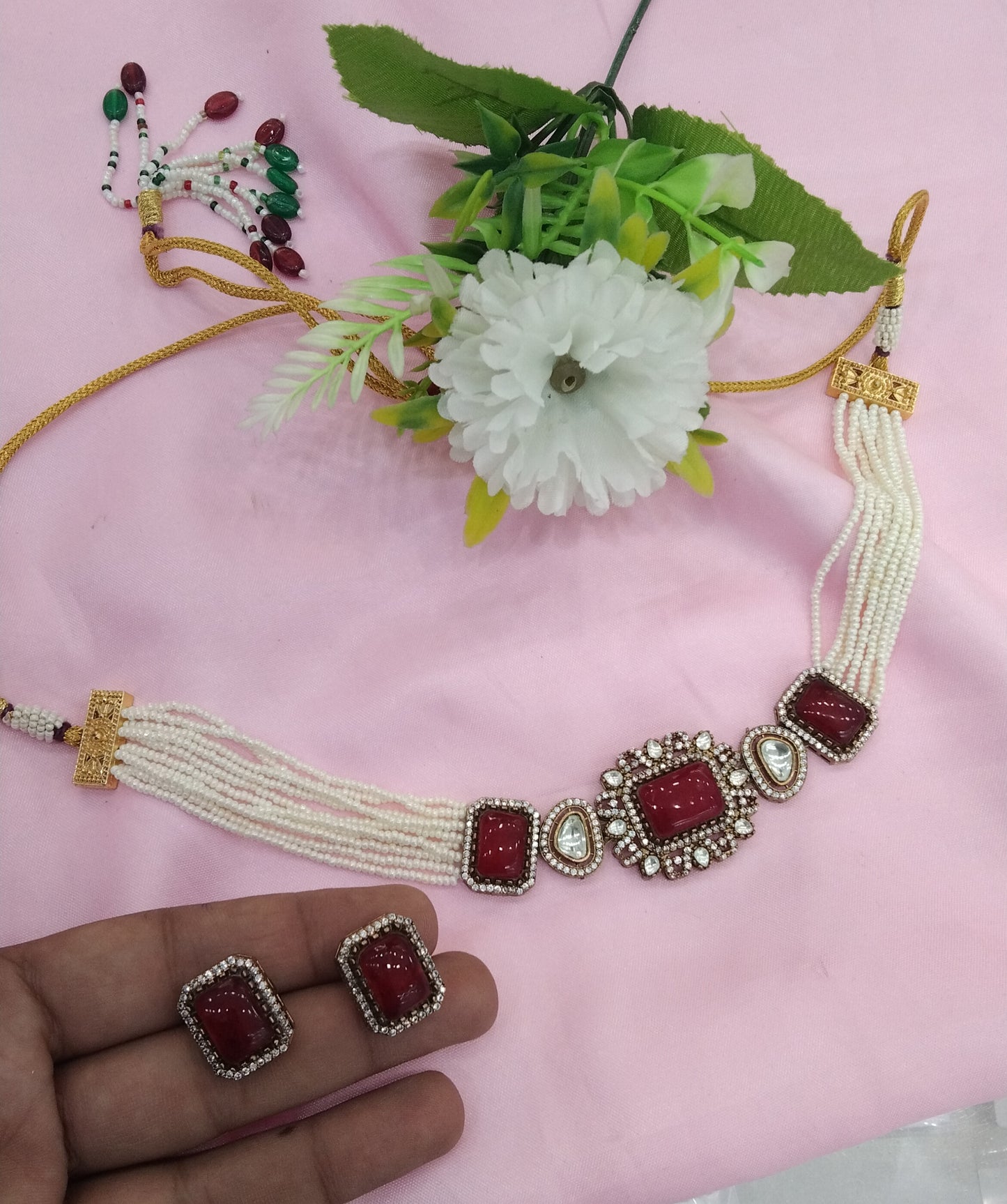 Maroon Moissanite Kundan Victorian Choker Jewellery Sunita Set