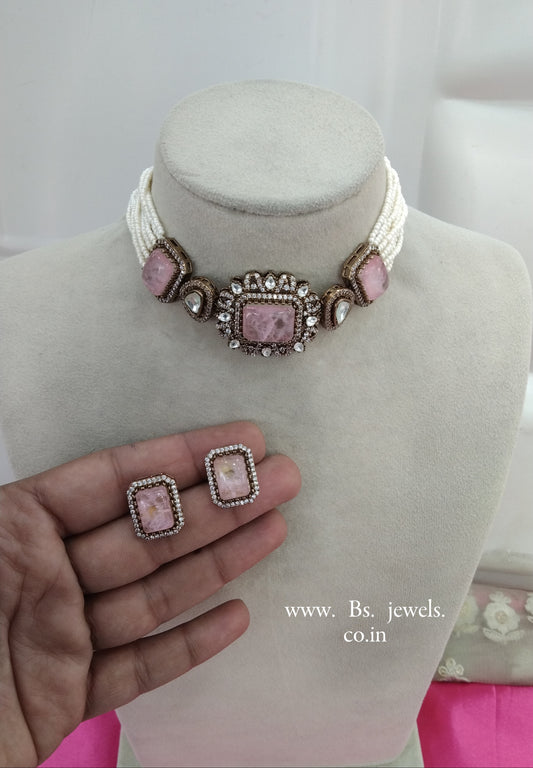 Pink Moissanite Kundan Victorian Choker Jewellery Sunita Set
