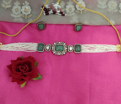 Sage Green Moissanite Kundan Victorian Choker Jewellery Sunita Set