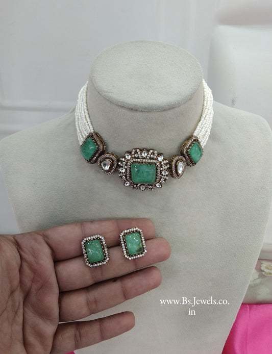 Sage Green Moissanite Kundan Victorian Choker Jewellery Sunita Set