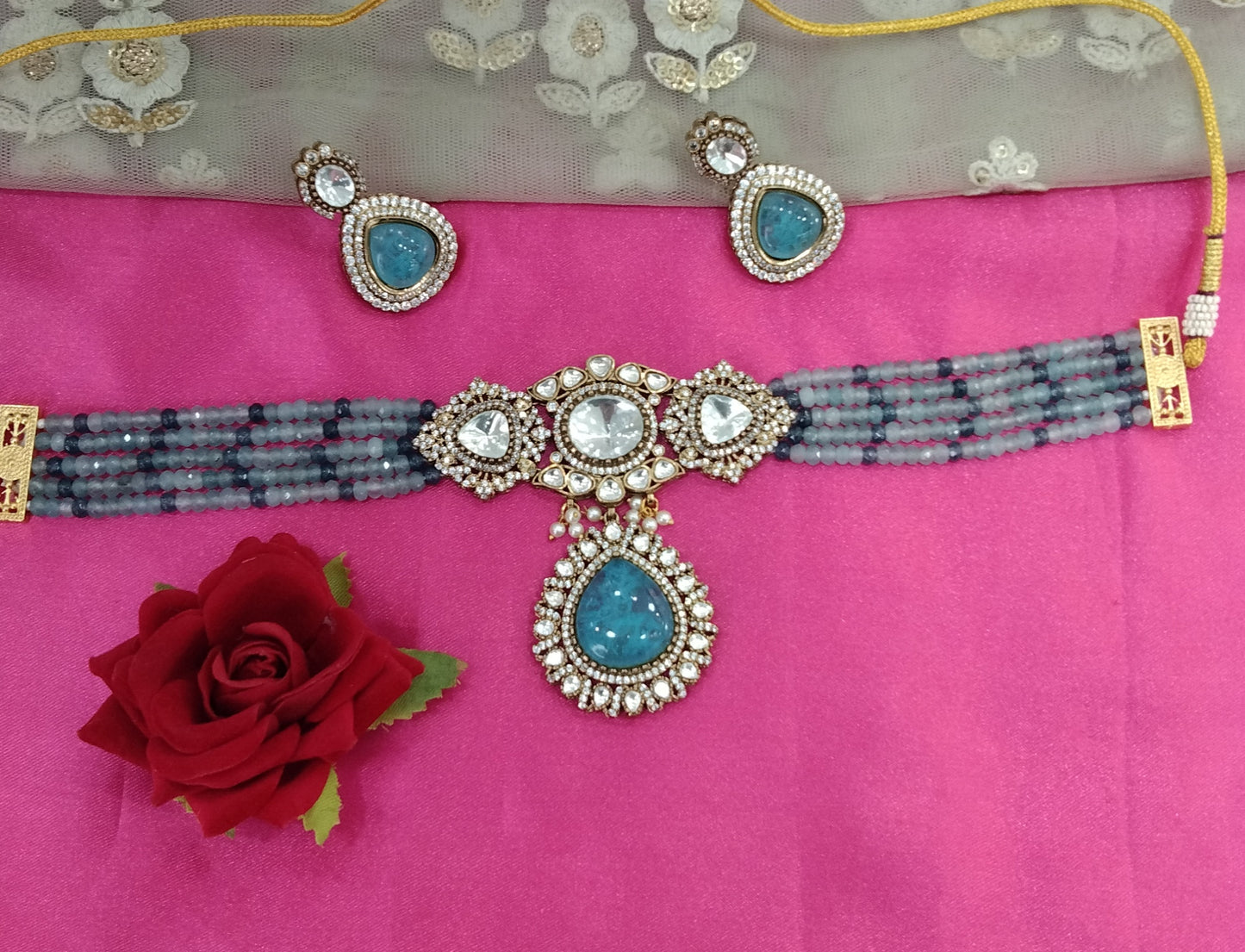 Sky Blue Moissanite Kundan Victorian Choker Jewellery Sunita Set