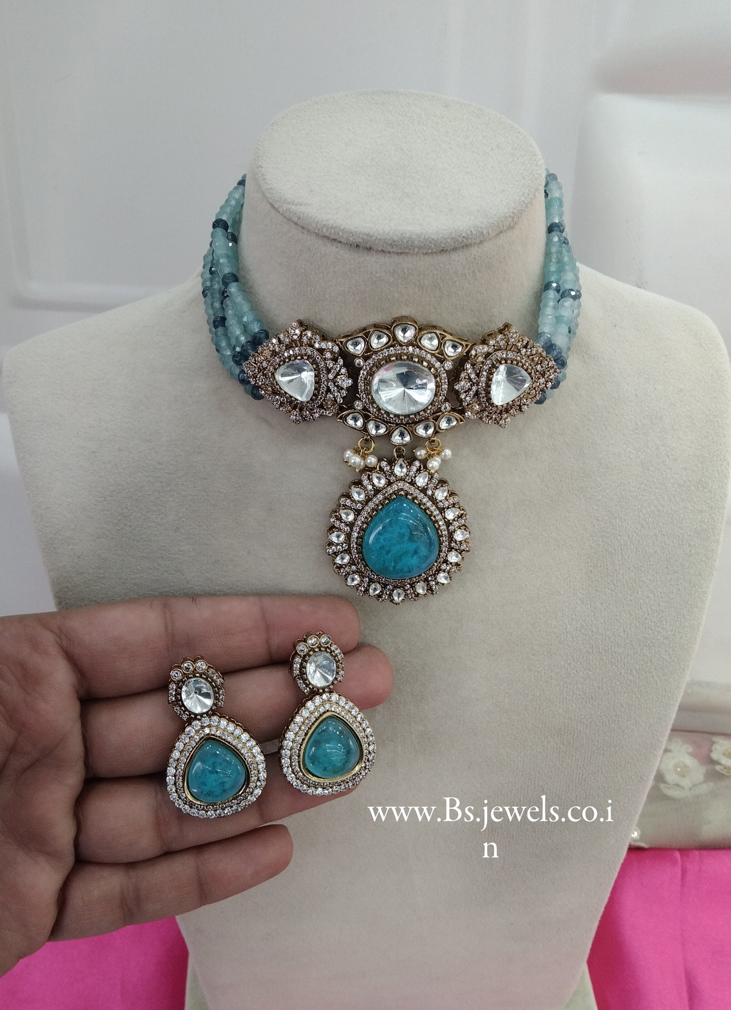 Sky Blue Moissanite Kundan Victorian Choker Jewellery Sunita Set
