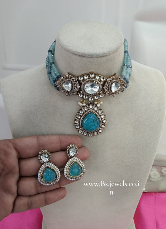 Sky Blue Moissanite Kundan Victorian Choker Jewellery Sunita Set