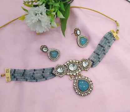 Sky Blue Moissanite Kundan Victorian Choker Jewellery Sunita Set