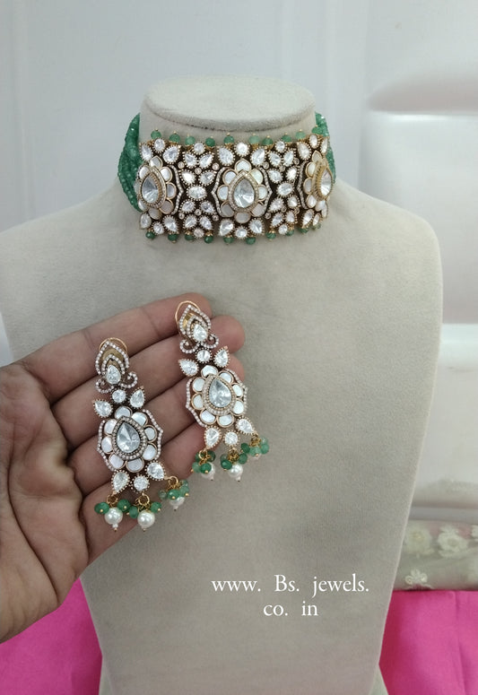 Sage Green Moissanite Kundan Mother Of Pearl Choker Jewellery Mohini Set