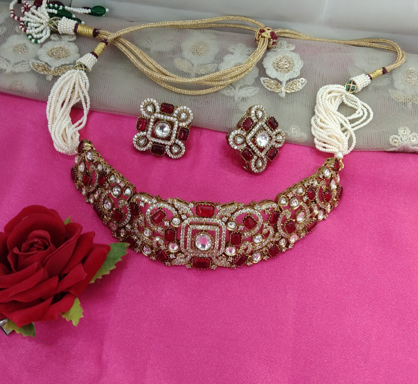 Maroon Moissanite Kundan Choker Jewellery Saniya Set
