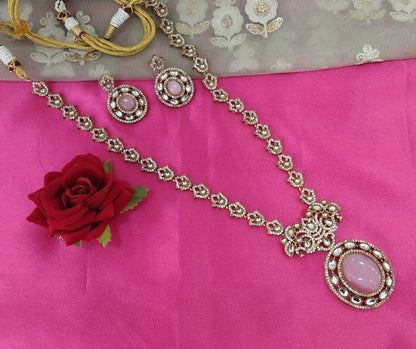 Pink Moissanite Kundan Long Ranihaar Necklace Jewellery Sunita Set