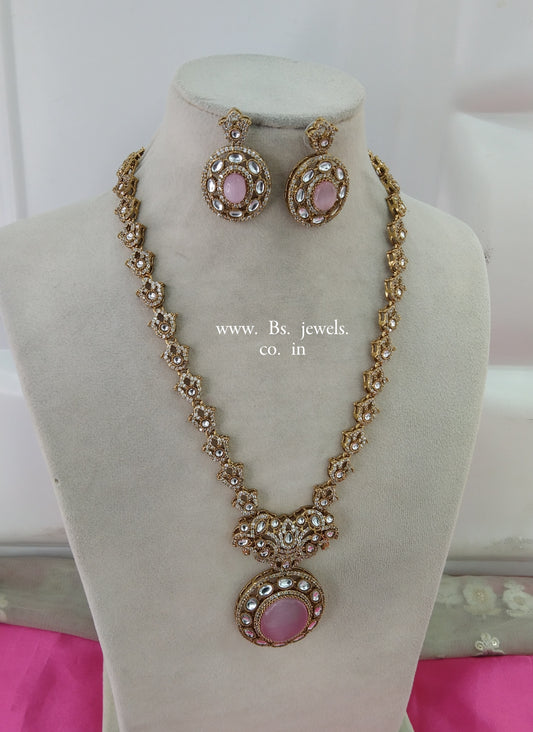 Pink Moissanite Kundan Long Ranihaar Necklace Jewellery Sunita Set