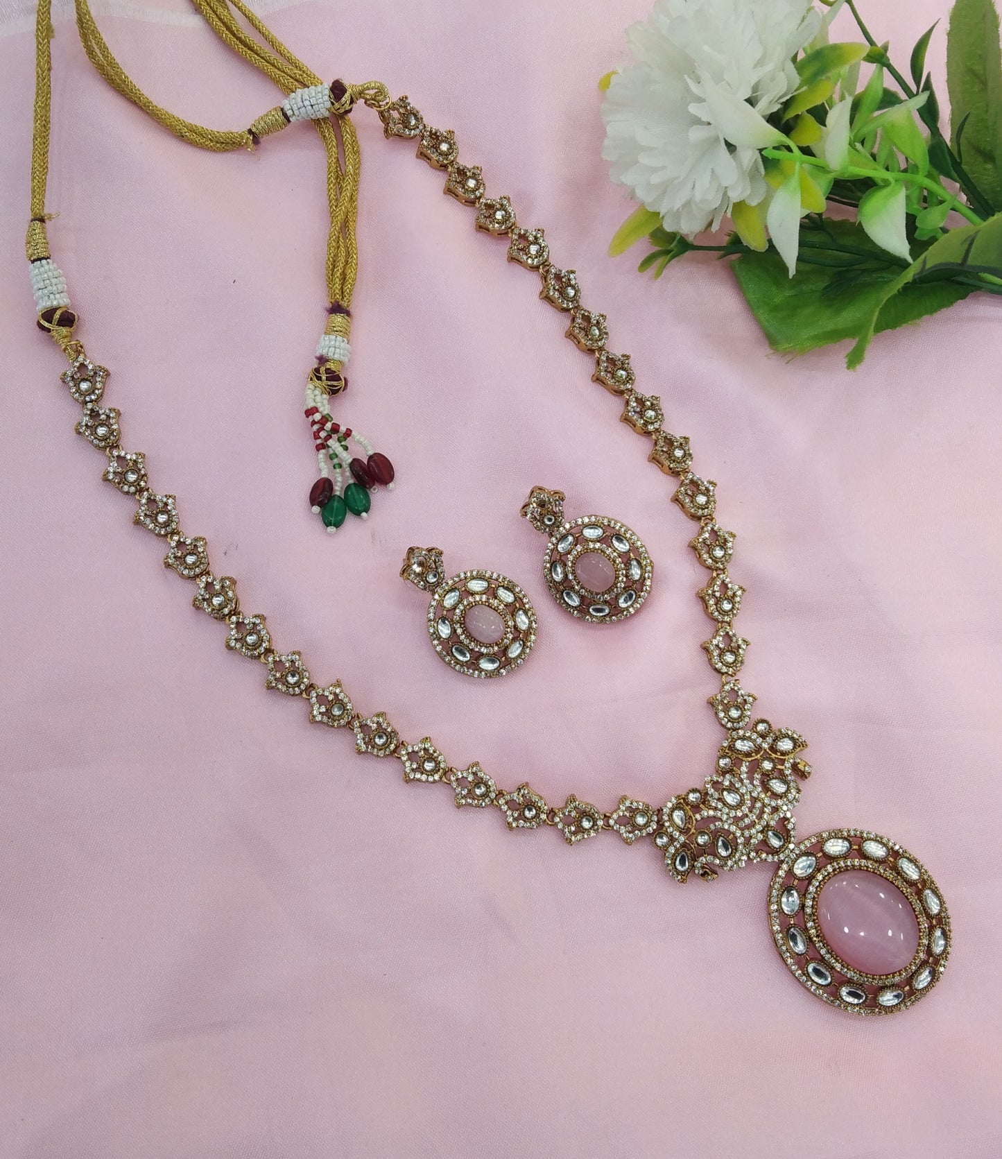 Pink Moissanite Kundan Long Ranihaar Necklace Jewellery Sunita Set