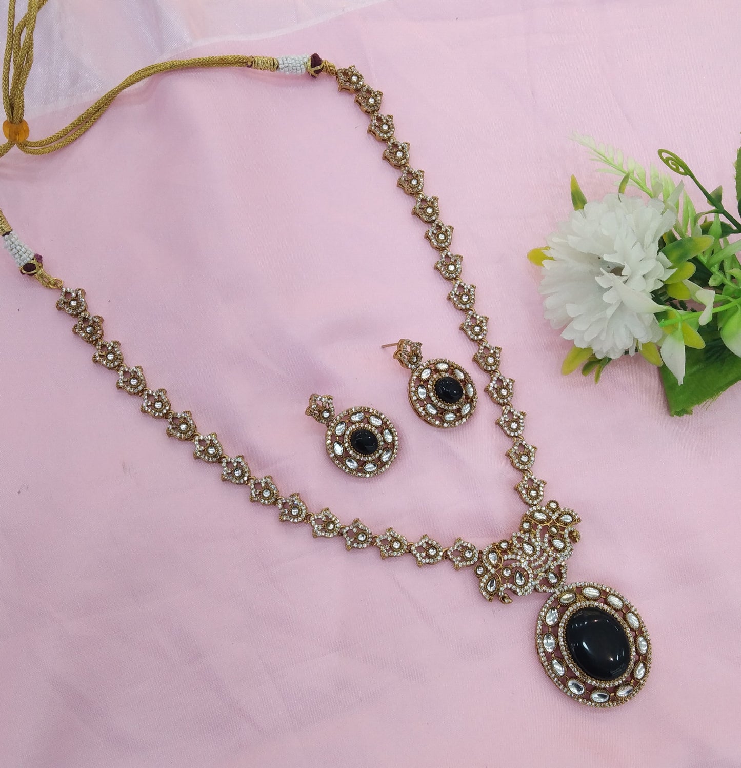 Black Moissanite Kundan Long Ranihaar Necklace Jewellery Sunita Set
