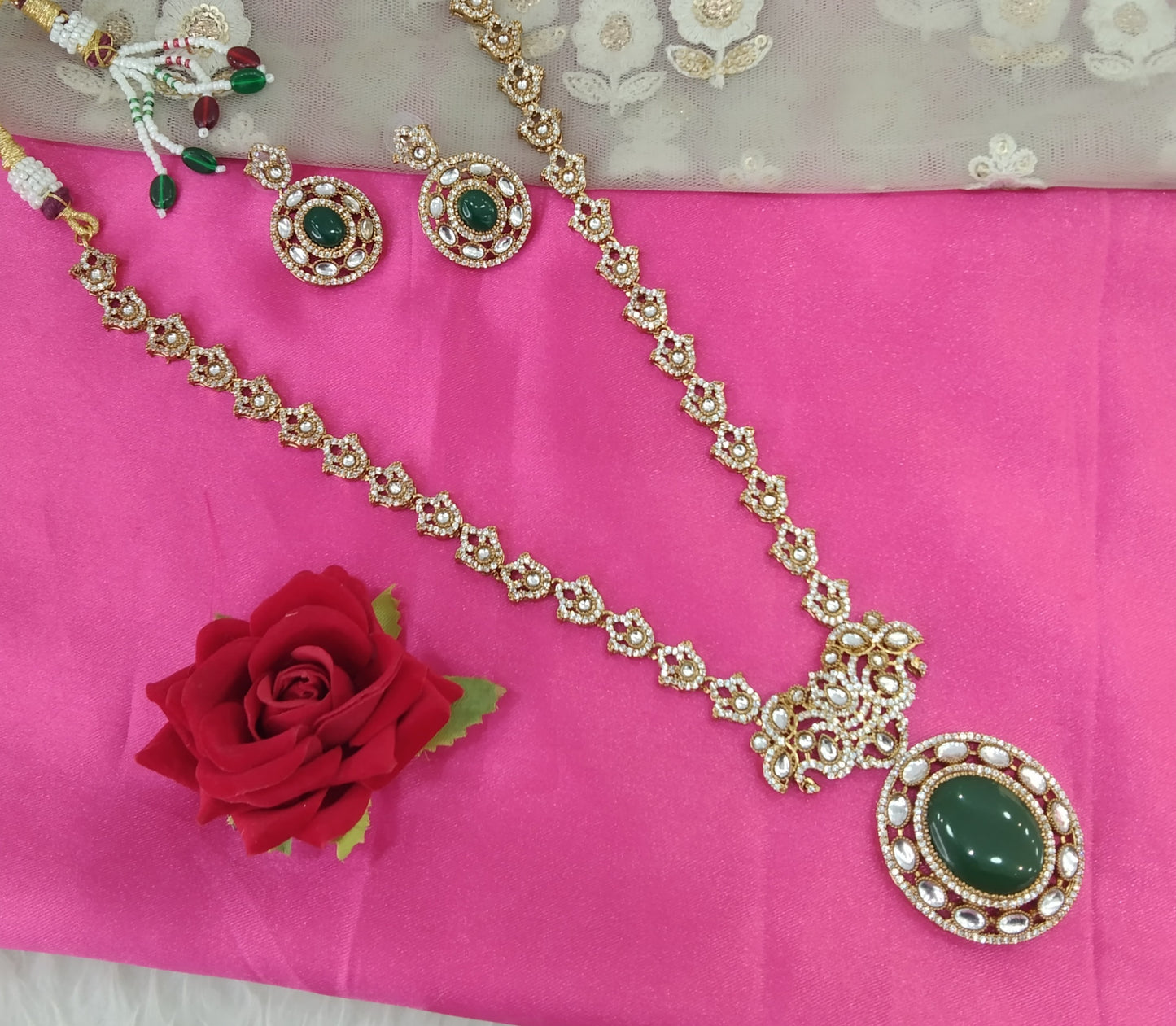 Green Moissanite Kundan Long Ranihaar Necklace Jewellery Sunita Set