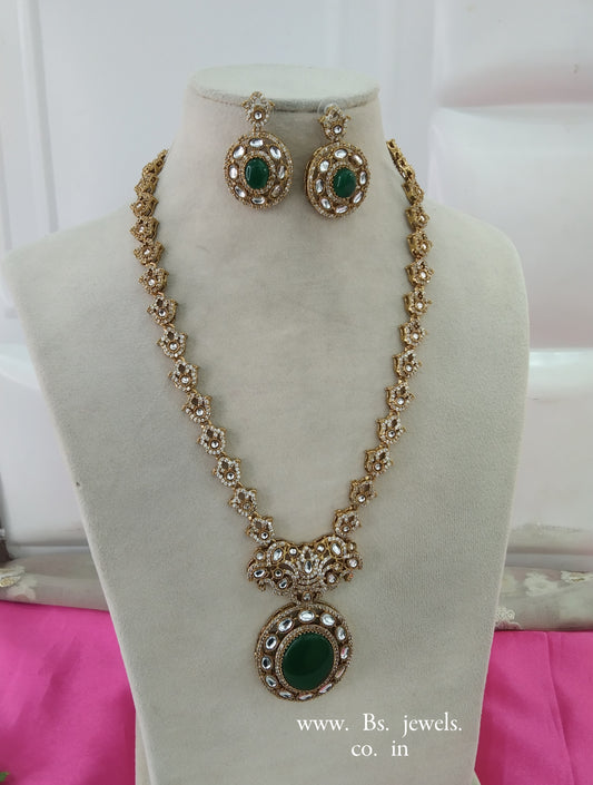 Green Moissanite Kundan Long Ranihaar Necklace Jewellery Sunita Set