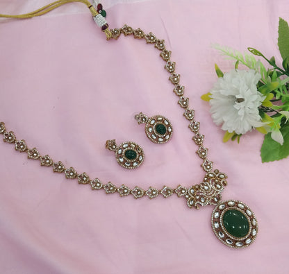 Green Moissanite Kundan Long Ranihaar Necklace Jewellery Sunita Set
