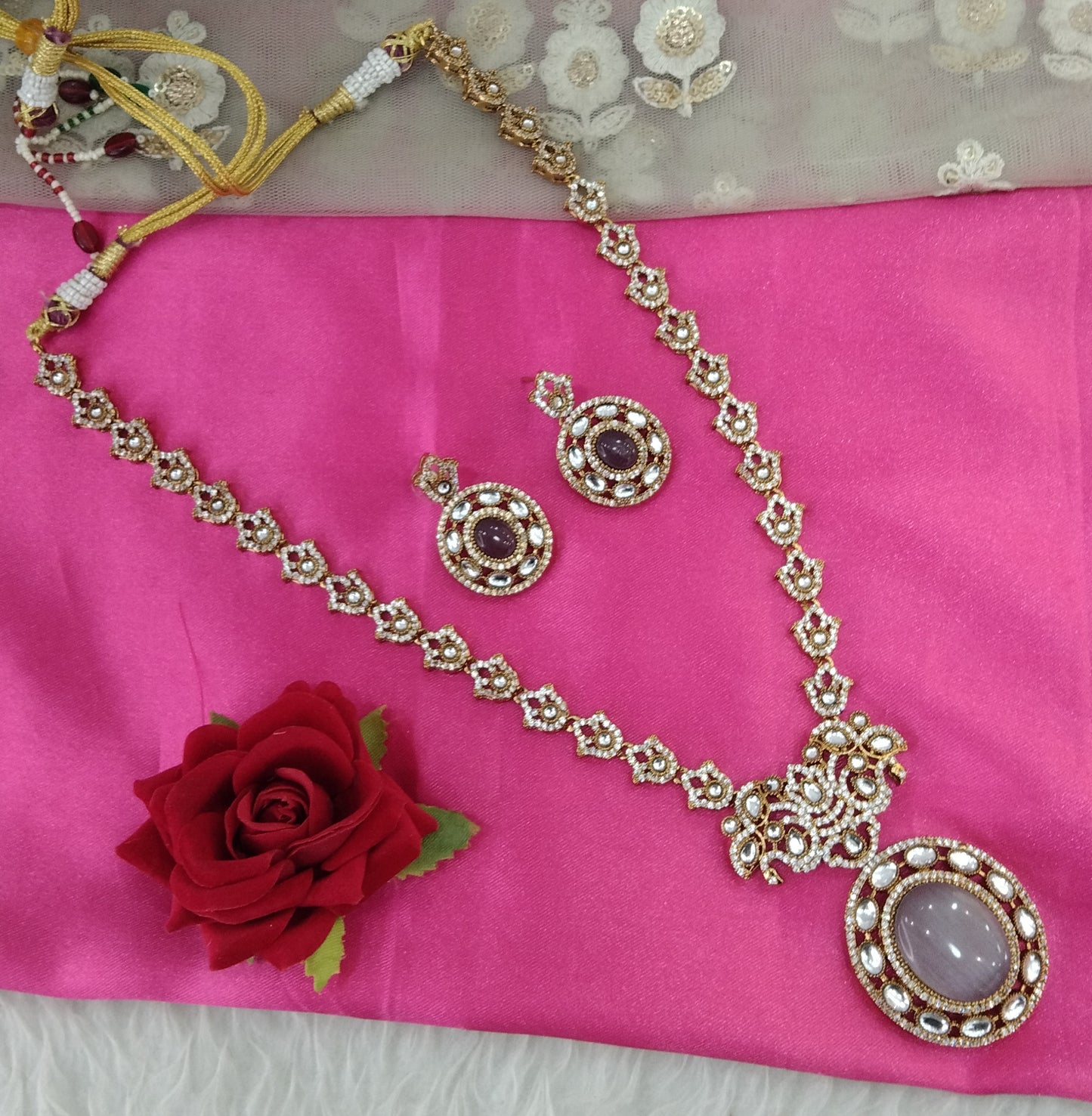 Grey Moissanite Kundan Long Ranihaar Necklace Jewellery Sunita Set