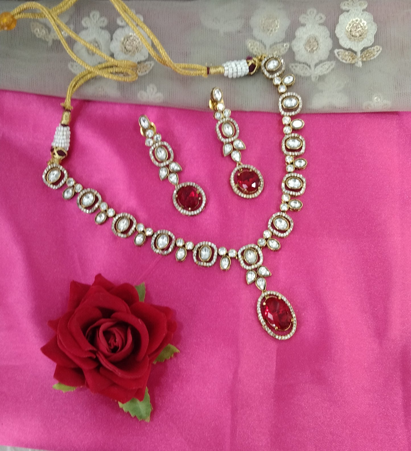 Maroon Moissanite Kundan Necklace Jewellery Shweta Set