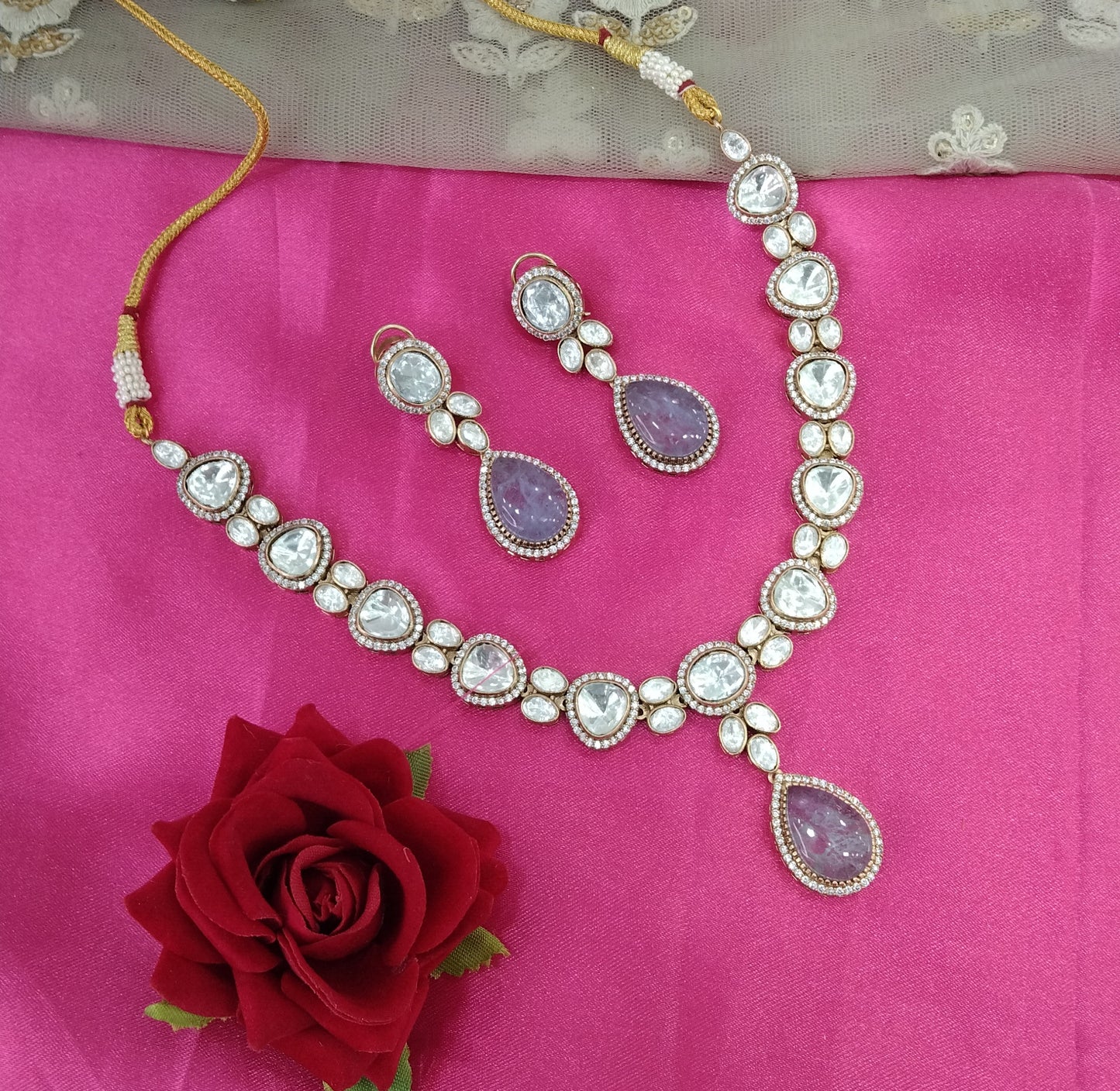 Grey Moissanite Kundan Necklace Jewellery Shweta Set