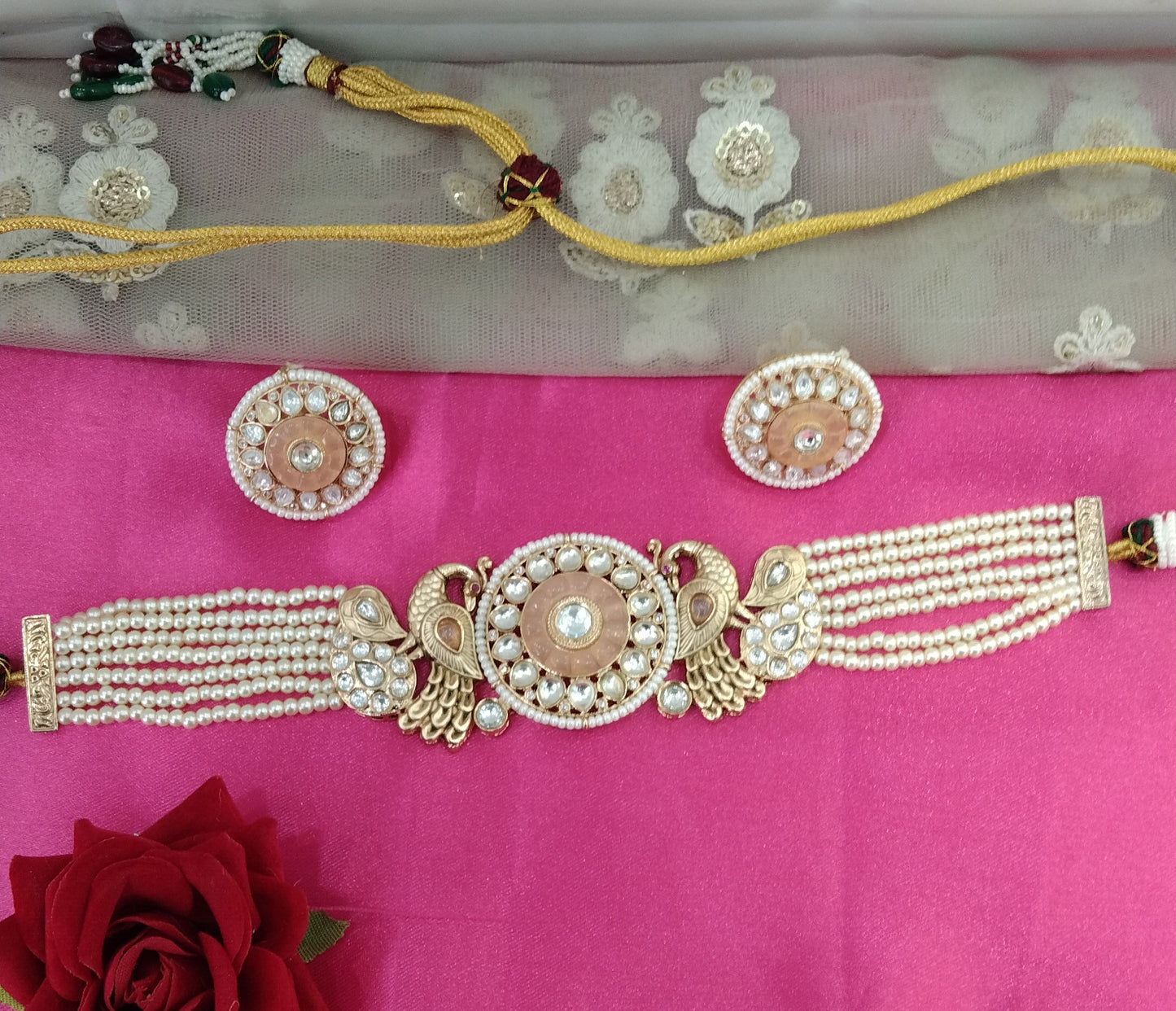 Peach Moissanite Kundan Choker Jewellery Shweta Set
