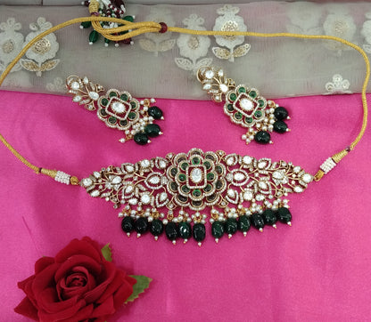 Green Moissanite Kundan Choker Jewellery Shweta Set
