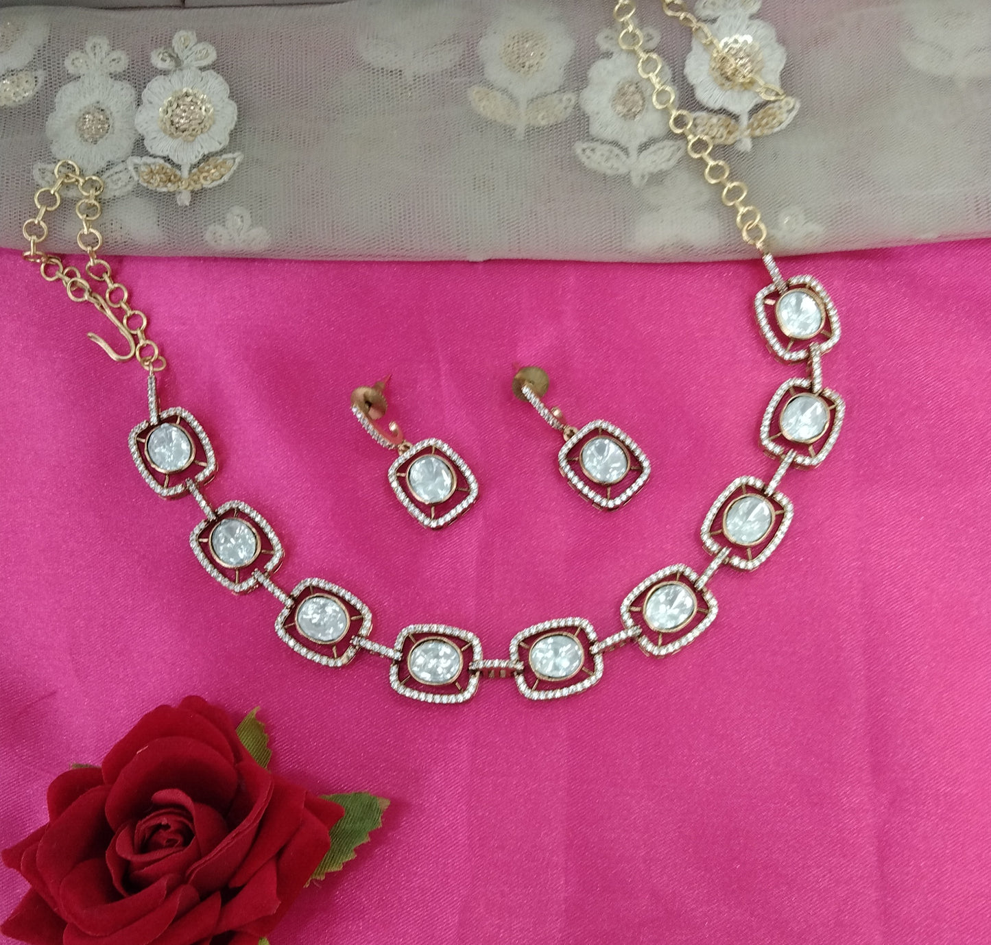 Gold White Moissanite Kundan Necklace Jewellery Sunita Set