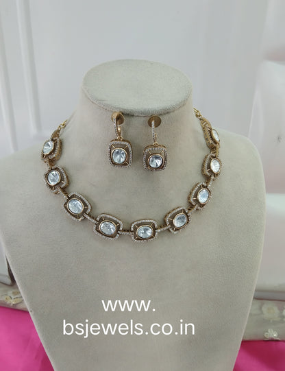 Gold White Moissanite Kundan Necklace Jewellery Sunita Set