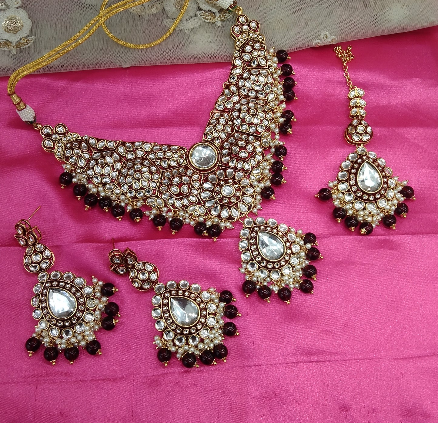 Maroon Kundan Necklace Jewellery Like Set