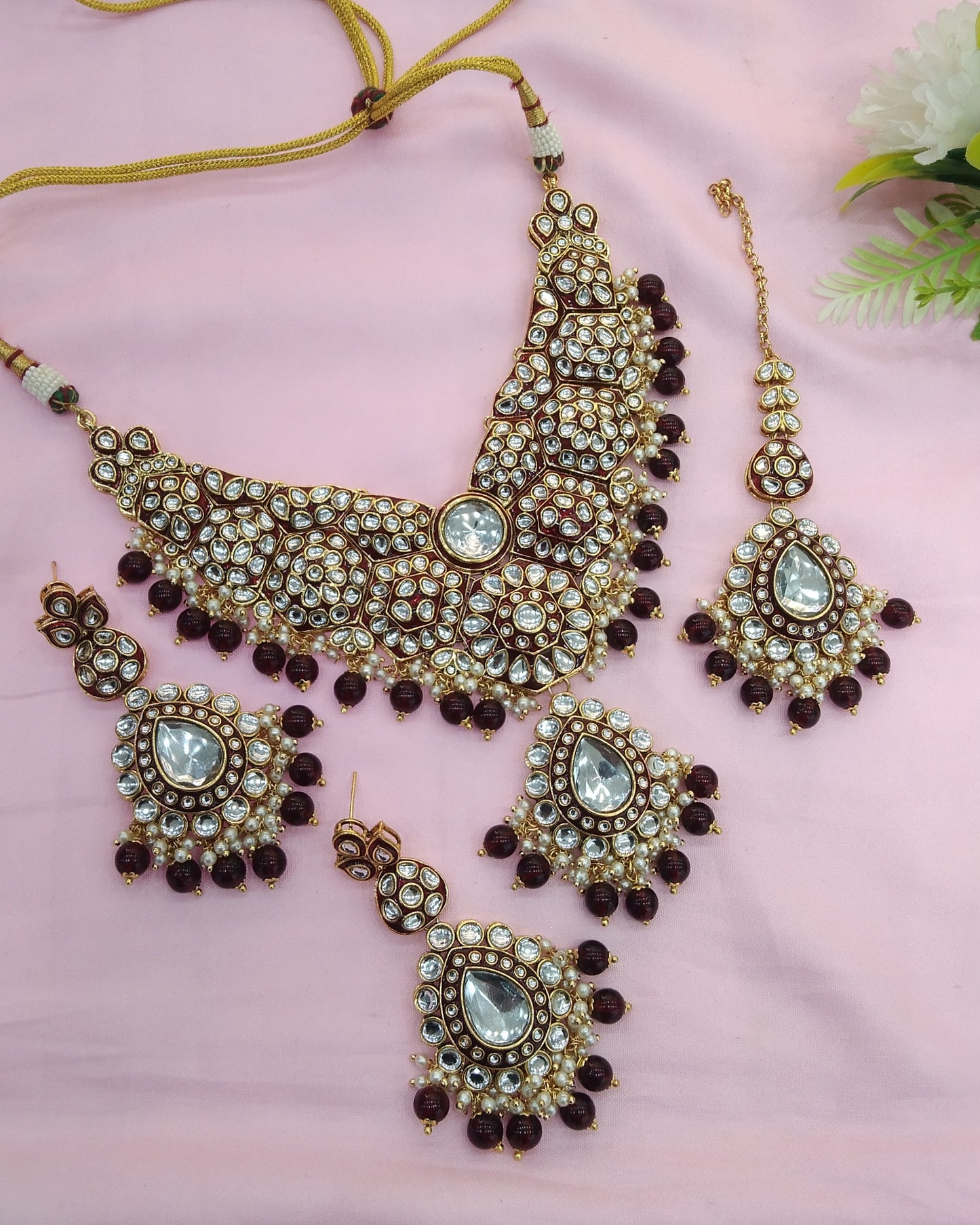 Maroon Kundan Necklace Jewellery Like Set