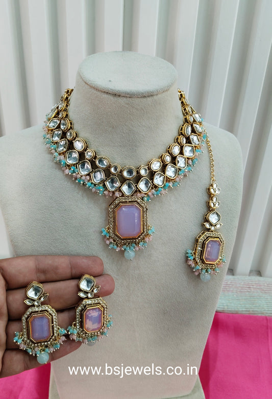 Sea Green Pink Kundan Necklace Jewellery Legend Set