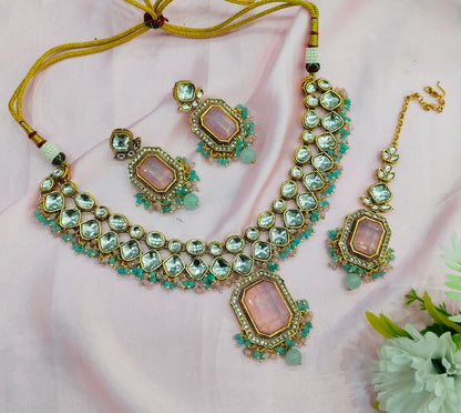 Sea Green Pink Kundan Necklace Jewellery Legend Set