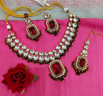 Maroon Kundan Necklace Jewellery Legend Set