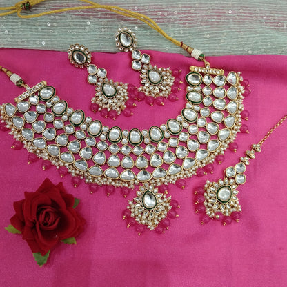 Dark pink Kundan Necklace Jewellery Lite Set